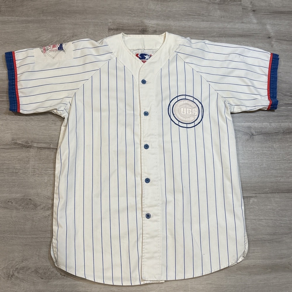 Vintage Starter Chicago Cubs MLB Button Up Pinstripe Jersey‎ Shirt Size Large